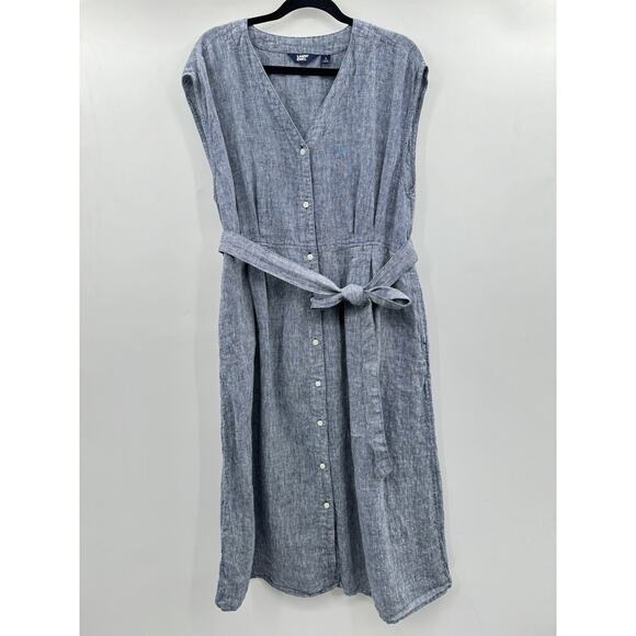 Lands' End 100% Linen Midi Shirt Dress Sz L (14-16) Chambray Blue Pockets Beachy - Picture 1 of 12